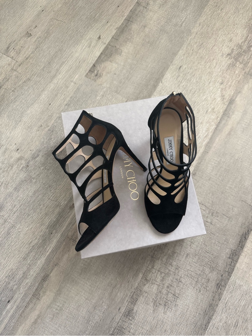 Jimmy Choo Black Suede Cage Stiletto Sandals